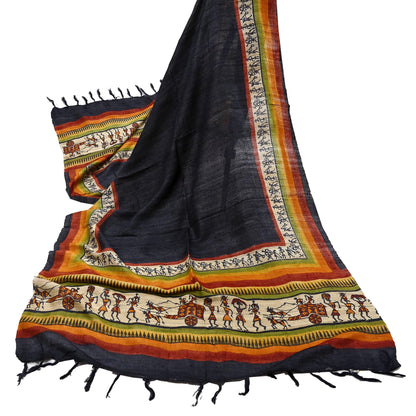 Indian Vintage Beige Dupatta Long Stole 100% Pure Khadi Silk Handloom warli Print Scarves Veil Scarf Wrap Hippie Fringes