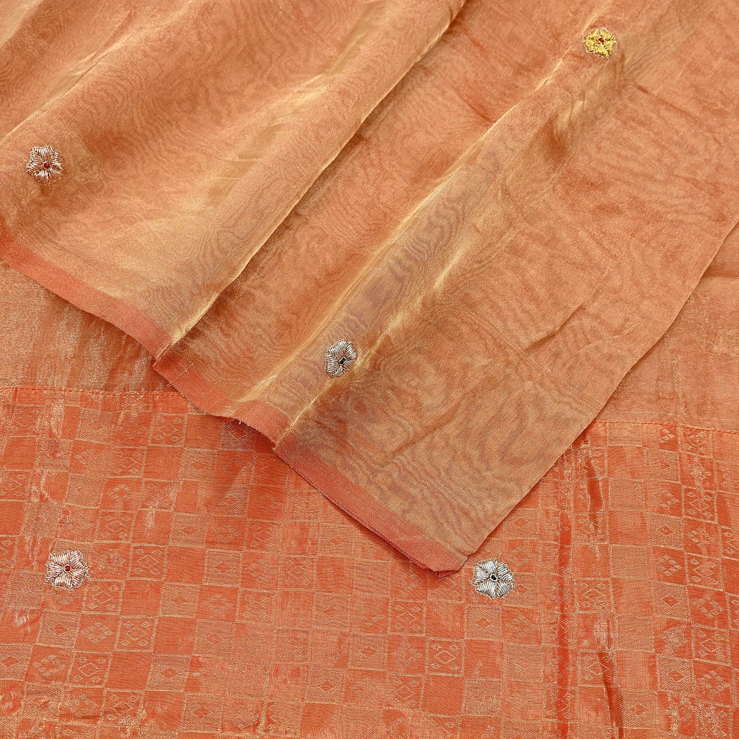 Indian Vintage Dupatta Orange Long Stole Hand Embroidered Pure Tissue Silk Scarves Veil Zardozi Zari Soft Scarf Wrap Boho