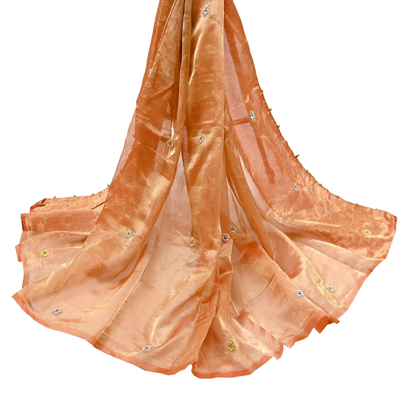 Indian Vintage Dupatta Orange Long Stole Hand Embroidered Pure Tissue Silk Scarves Veil Zardozi Zari Soft Scarf Wrap Boho