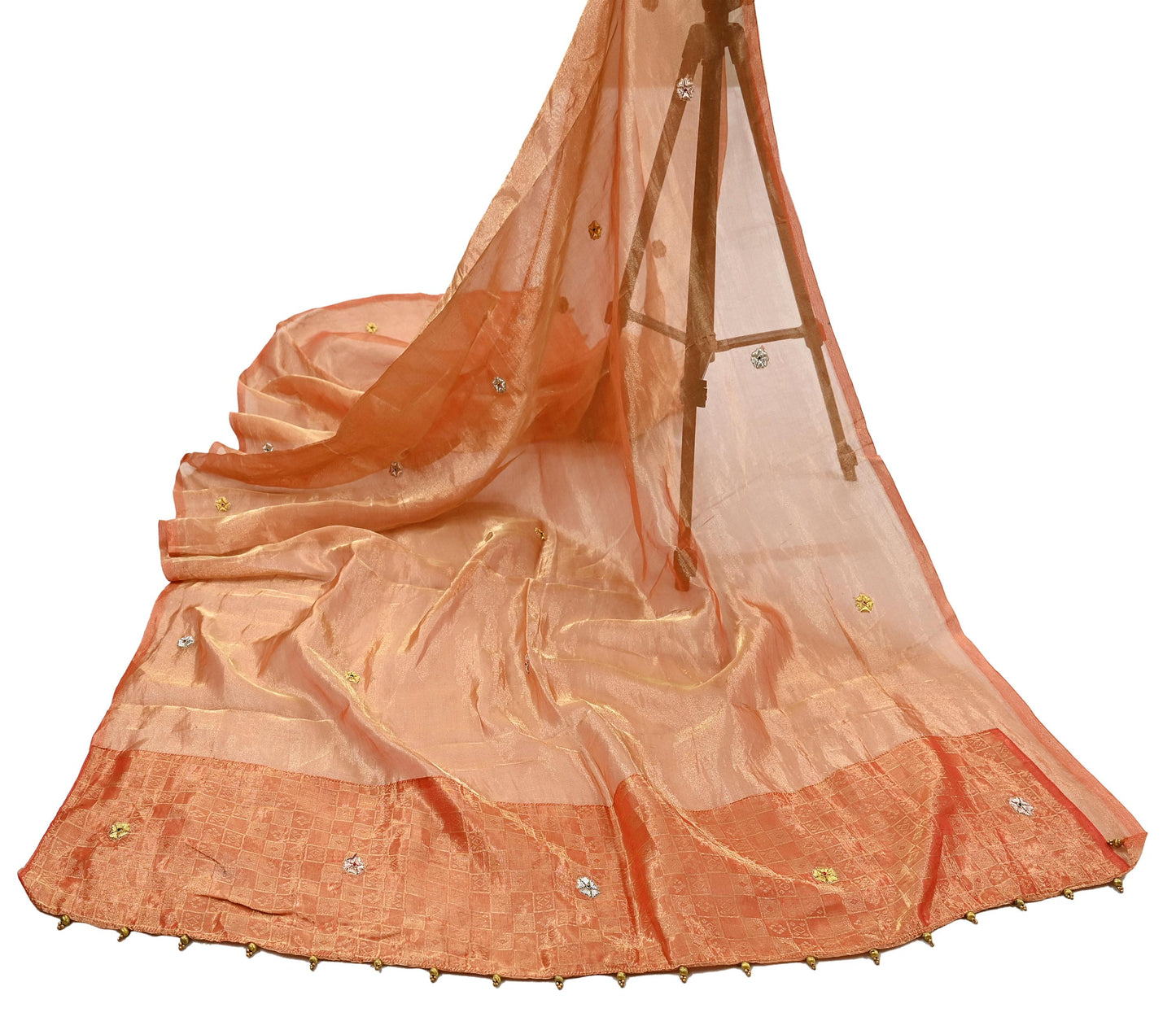 Indian Vintage Dupatta Orange Long Stole Hand Embroidered Pure Tissue Silk Scarves Veil Zardozi Zari Soft Scarf Wrap Boho