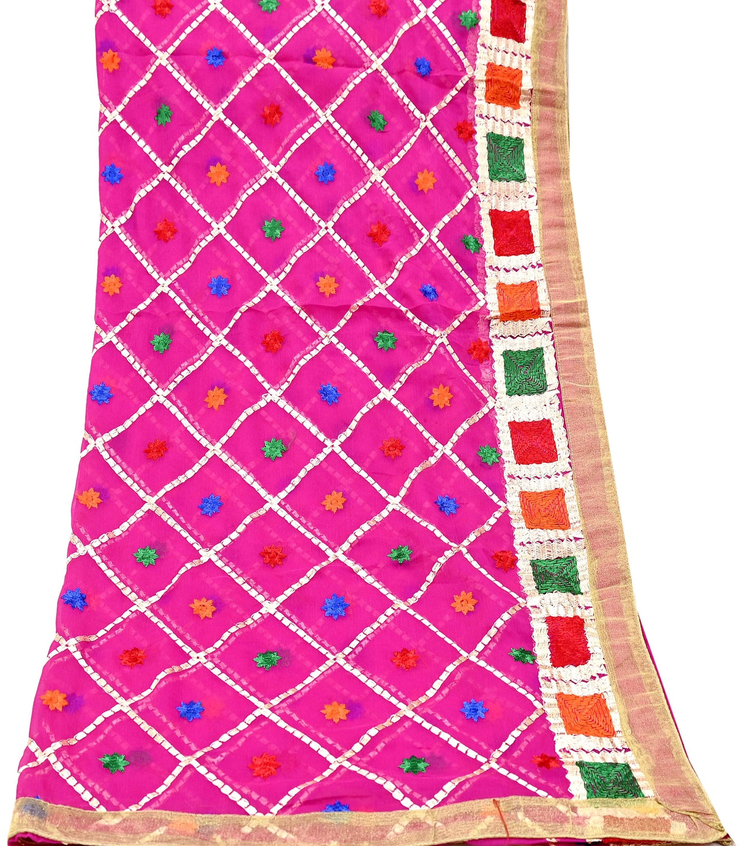 Indian Vintage Pink Dupatta Long Stole Pure Chiffon Silk Hand Embroidered Bagh Phulkari Stole Scarves Golden Lace