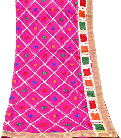 Indian Vintage Pink Dupatta Long Stole Pure Chiffon Silk Hand Embroidered Bagh Phulkari Stole Scarves Golden Lace
