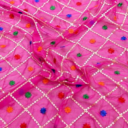 Indian Vintage Pink Dupatta Long Stole Pure Chiffon Silk Hand Embroidered Bagh Phulkari Stole Scarves Golden Lace