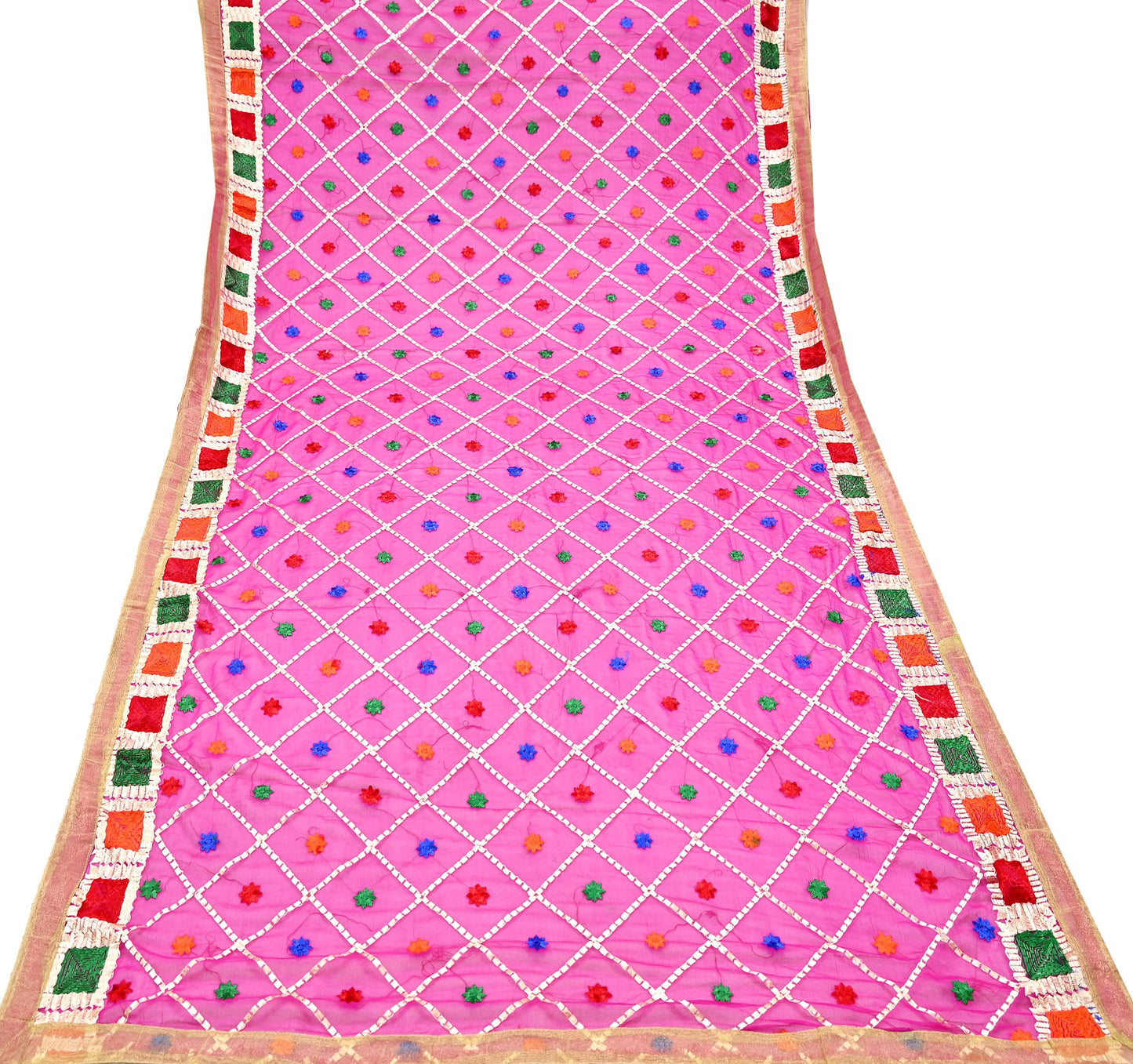 Indian Vintage Pink Dupatta Long Stole Pure Chiffon Silk Hand Embroidered Bagh Phulkari Stole Scarves Golden Lace