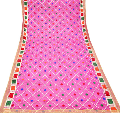 Indian Vintage Pink Dupatta Long Stole Pure Chiffon Silk Hand Embroidered Bagh Phulkari Stole Scarves Golden Lace