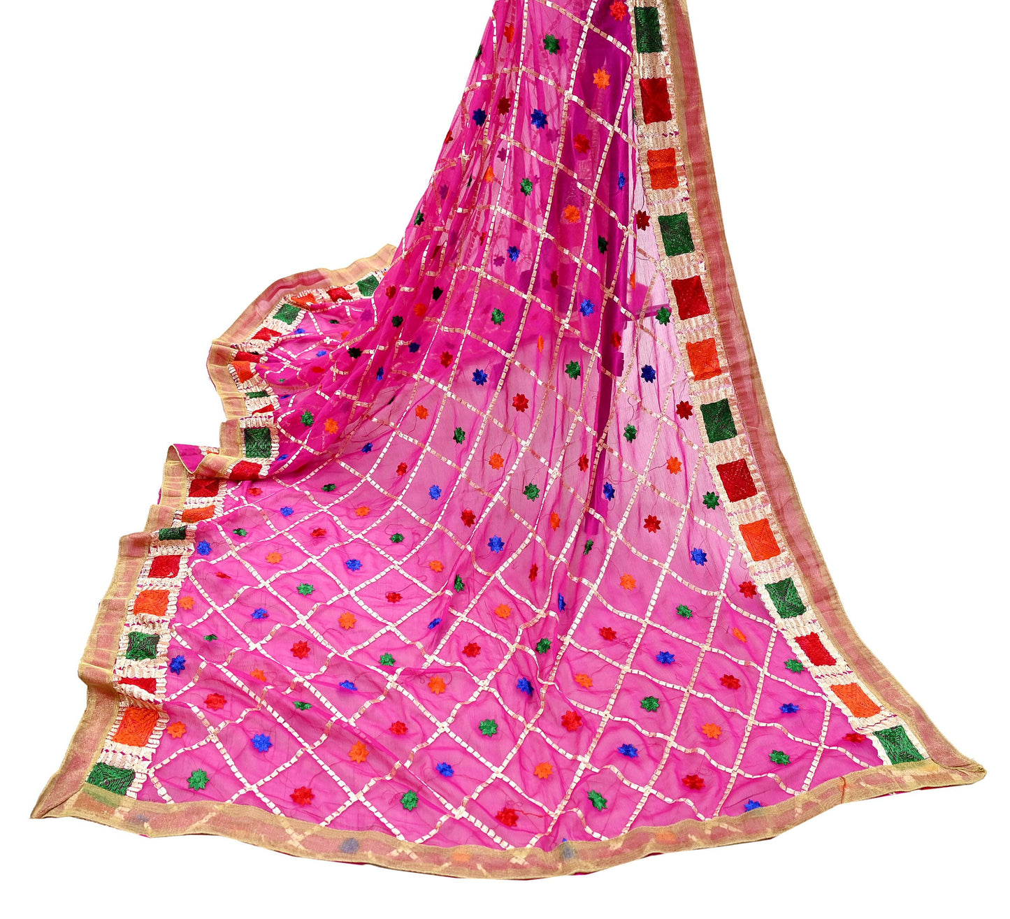 Indian Vintage Pink Dupatta Long Stole Pure Chiffon Silk Hand Embroidered Bagh Phulkari Stole Scarves Golden Lace