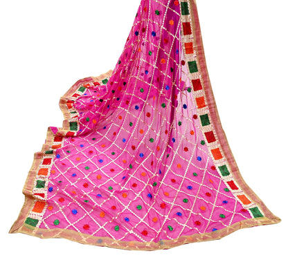 Indian Vintage Pink Dupatta Long Stole Pure Chiffon Silk Hand Embroidered Bagh Phulkari Stole Scarves Golden Lace