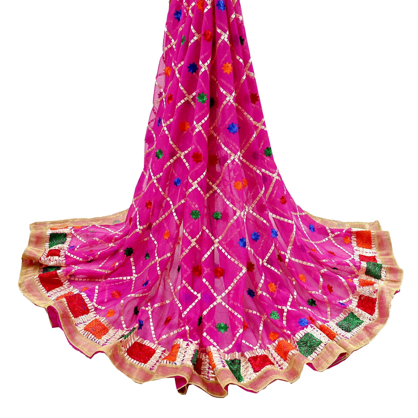 Indian Vintage Pink Dupatta Long Stole Pure Chiffon Silk Hand Embroidered Bagh Phulkari Stole Scarves Golden Lace