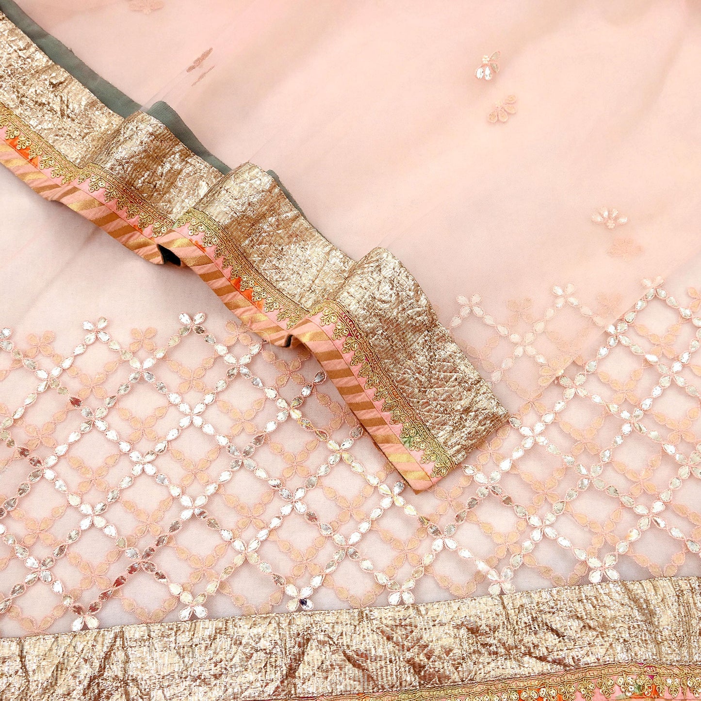 Indian Vintage Heavy Bridal Dupatta Peach Net Mesh Long Stole Hand Embroidered Scarves Golden Gota Patti Wedding/Party Wear