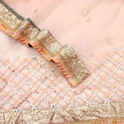 Indian Vintage Heavy Bridal Dupatta Peach Net Mesh Long Stole Hand Embroidered Scarves Golden Gota Patti Wedding/Party Wear