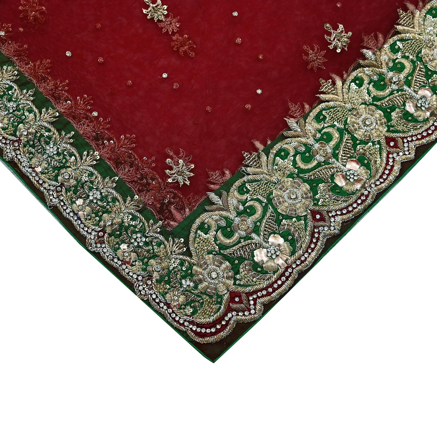 Indian Vintage Heavy Red Dupatta Net Mesh Long Stole Hand Embroidered Scarves Golden Zardozi Dabka Zari Stole Bridal/ Wedding veil