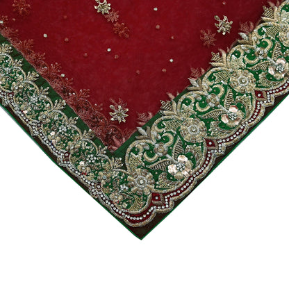 Indian Vintage Heavy Red Dupatta Net Mesh Long Stole Hand Embroidered Scarves Golden Zardozi Dabka Zari Stole Bridal/ Wedding veil