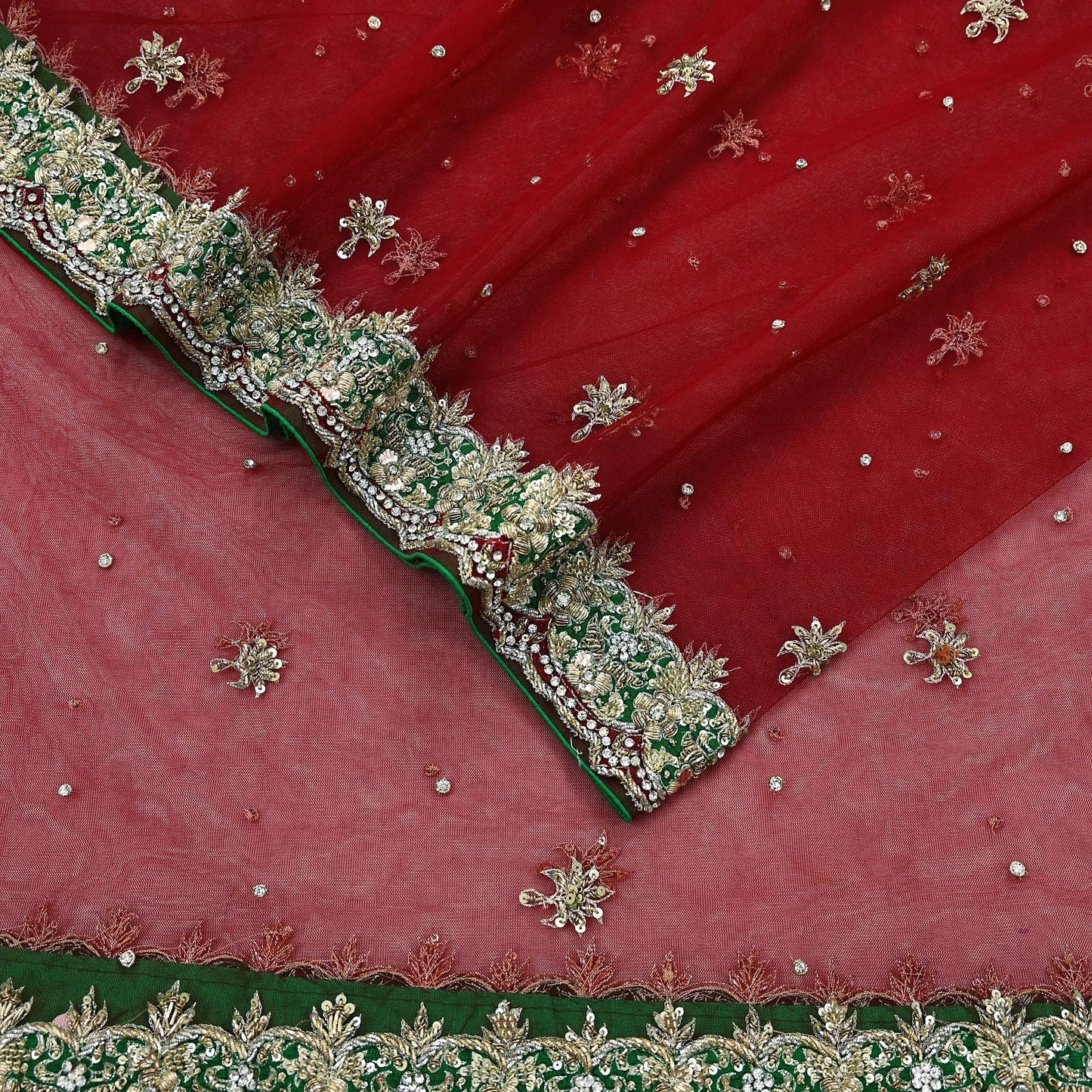 Indian Vintage Heavy Red Dupatta Net Mesh Long Stole Hand Embroidered Scarves Golden Zardozi Dabka Zari Stole Bridal/ Wedding veil