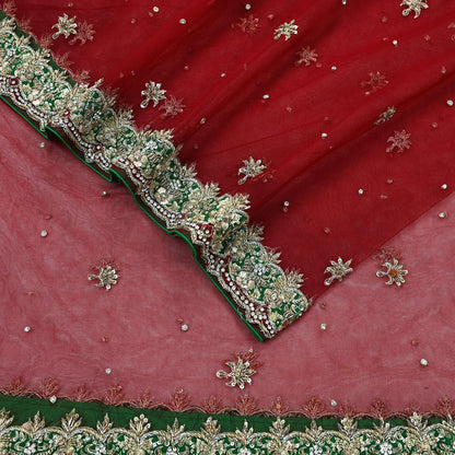 Indian Vintage Heavy Red Dupatta Net Mesh Long Stole Hand Embroidered Scarves Golden Zardozi Dabka Zari Stole Bridal/ Wedding veil