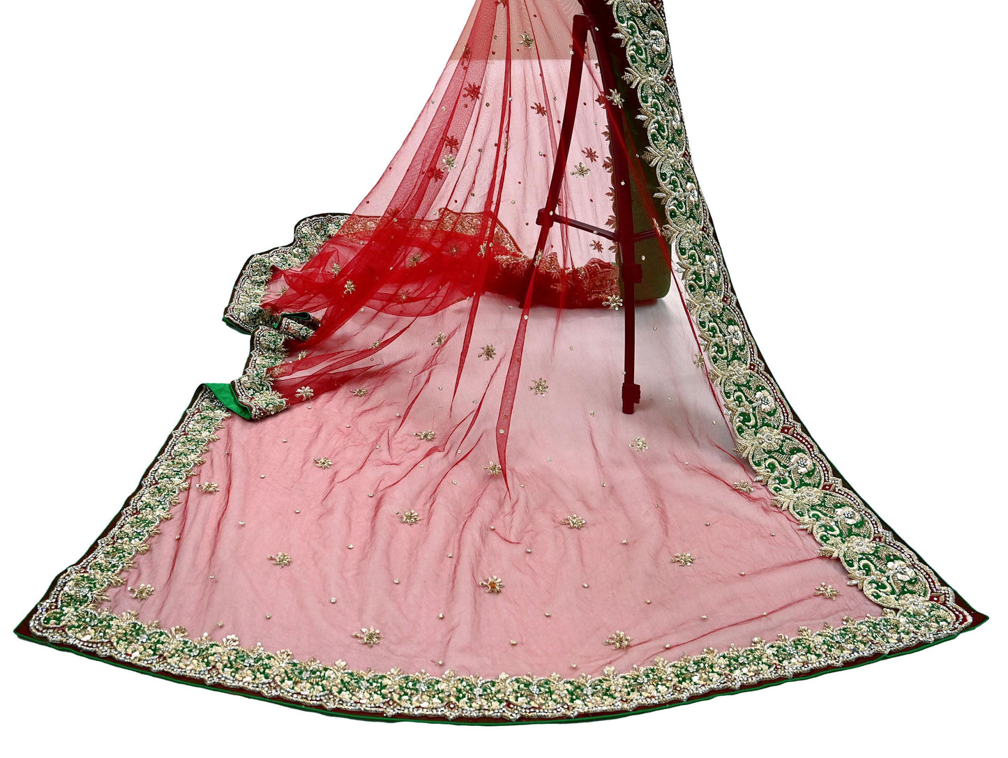 Indian Vintage Heavy Red Dupatta Net Mesh Long Stole Hand Embroidered Scarves Golden Zardozi Dabka Zari Stole Bridal/ Wedding veil