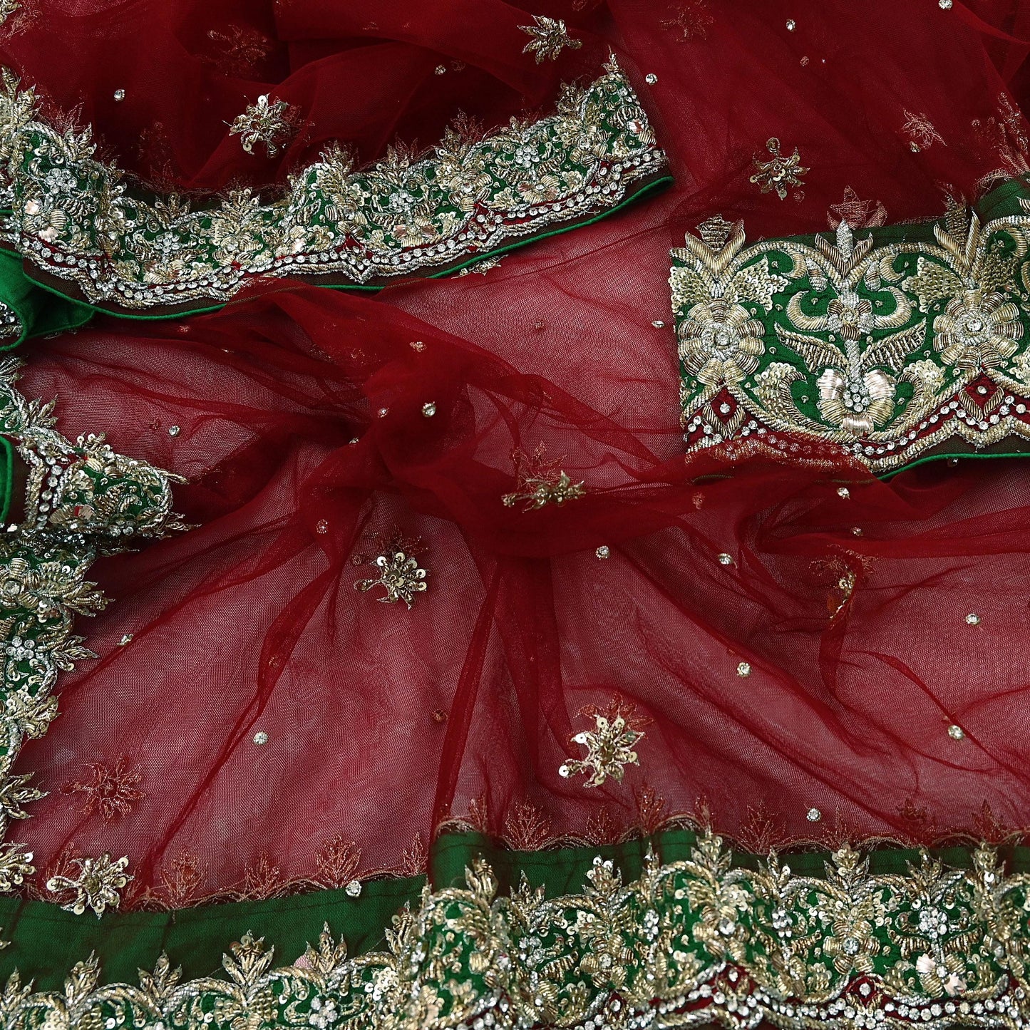 Indian Vintage Heavy Red Dupatta Net Mesh Long Stole Hand Embroidered Scarves Golden Zardozi Dabka Zari Stole Bridal/ Wedding veil