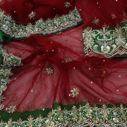Indian Vintage Heavy Red Dupatta Net Mesh Long Stole Hand Embroidered Scarves Golden Zardozi Dabka Zari Stole Bridal/ Wedding veil