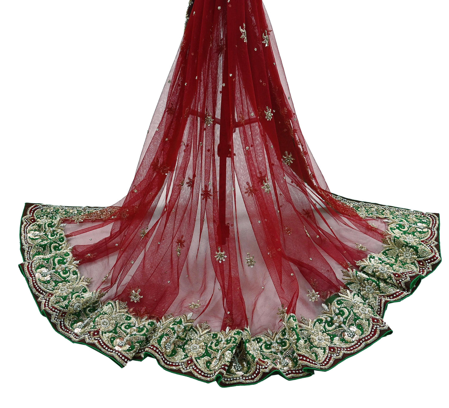 Indian Vintage Heavy Red Dupatta Net Mesh Long Stole Hand Embroidered Scarves Golden Zardozi Dabka Zari Stole Bridal/ Wedding veil