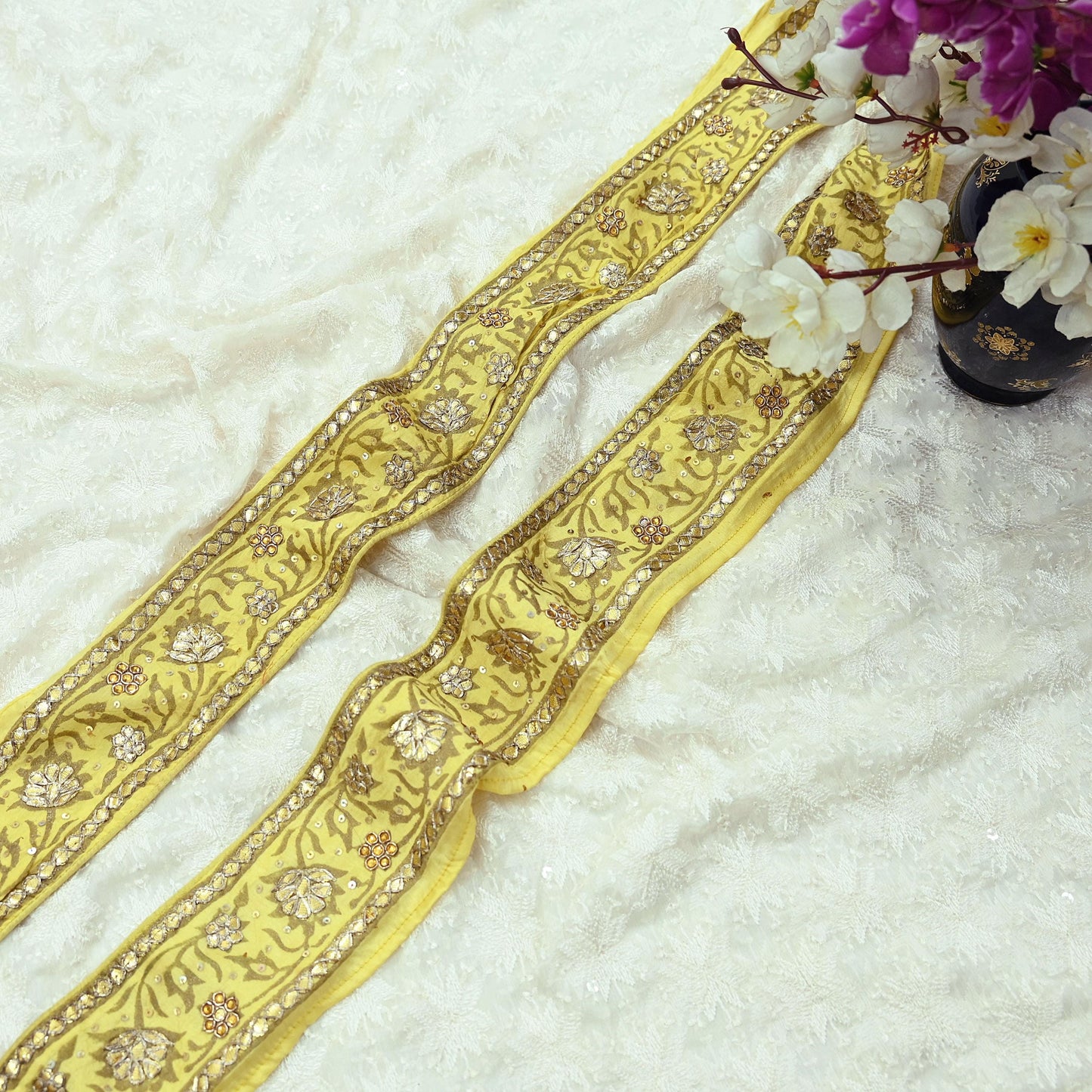 Indian Vintage Saree Border Hand Embroidered Gota Patti 1yd Craft Trim Lace Sewing Sari Ribbon Pure silk  Zardozi/Dabka