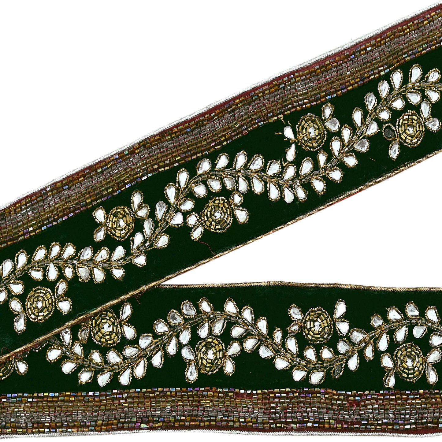 Indian Vintage Green Sari Border Hand Embroidered Craft Trim 1yd Lace Sewing Sari Ribbon Velvet