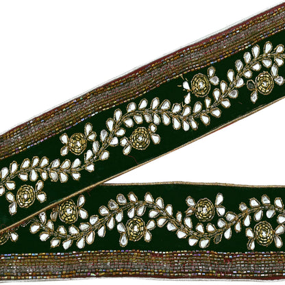 Indian Vintage Green Sari Border Hand Embroidered Craft Trim 1yd Lace Sewing Sari Ribbon Velvet