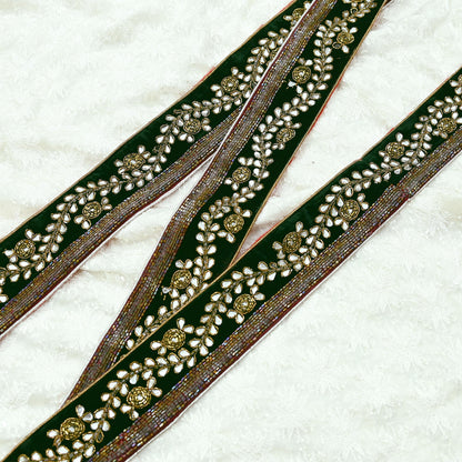 Indian Vintage Green Sari Border Hand Embroidered Craft Trim 1yd Lace Sewing Sari Ribbon Velvet