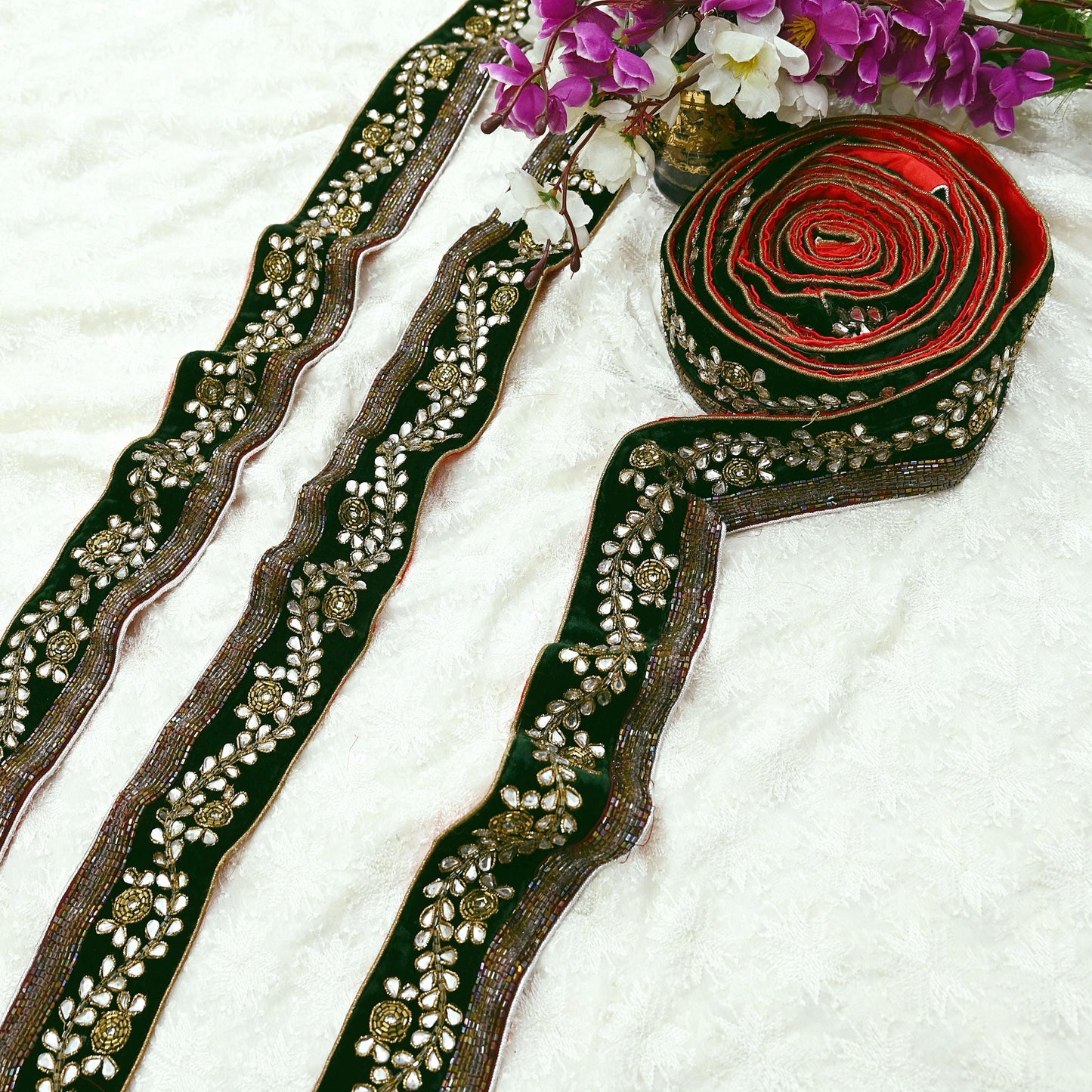 Indian Vintage Green Sari Border Hand Embroidered Craft Trim 1yd Lace Sewing Sari Ribbon Velvet