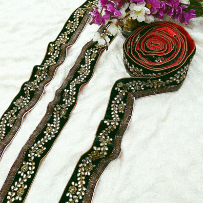 Indian Vintage Green Sari Border Hand Embroidered Craft Trim 1yd Lace Sewing Sari Ribbon Velvet