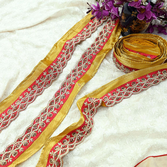 Indian Vintage Border Pink Hand Embroidered 1Yd Craft Trim Lace Sewing Sari Ribbon Zardozi/Dabka Zari Decor Gift Wrapped