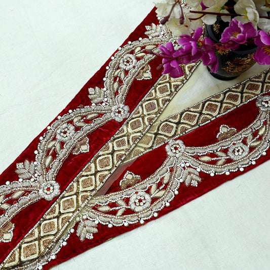 Indian Vintage Red Sari Border Hand Embroidered Craft Trim Lace Sewing Sari Ribbon Velvet 1yards Dress making Dress Designing Decor Dabka