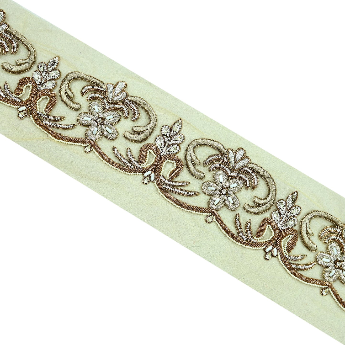 Indian Vintage Beige Sari Border Hand Embroidered 1yd Craft Trim Lace Sewing Net/Mess Ribbon Recycled Sari Border Zardozi/ Dabka Zari