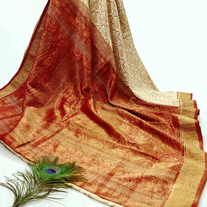 Indian Vintage Saree Maroon & Ivory Pure Silk Hand Woven Double Ikat Patola Sari Craft Fabric 5Yard Zari Ethnic Premium Saree
