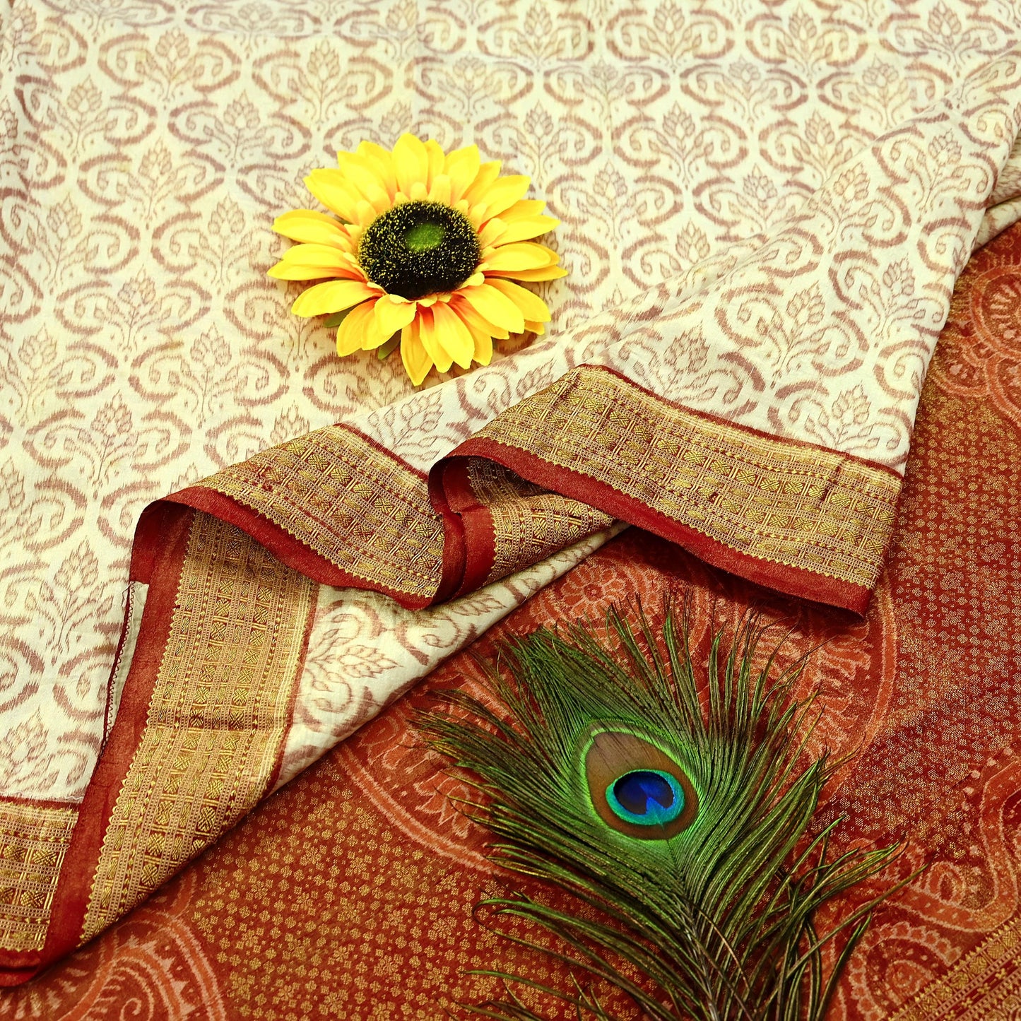 Indian Vintage Saree Maroon & Ivory Pure Silk Hand Woven Double Ikat Patola Sari Craft Fabric 5Yard Zari Ethnic Premium Saree