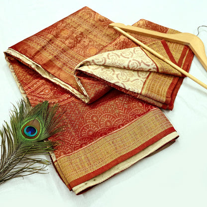 Indian Vintage Saree Maroon & Ivory Pure Silk Hand Woven Double Ikat Patola Sari Craft Fabric 5Yard Zari Ethnic Premium Saree