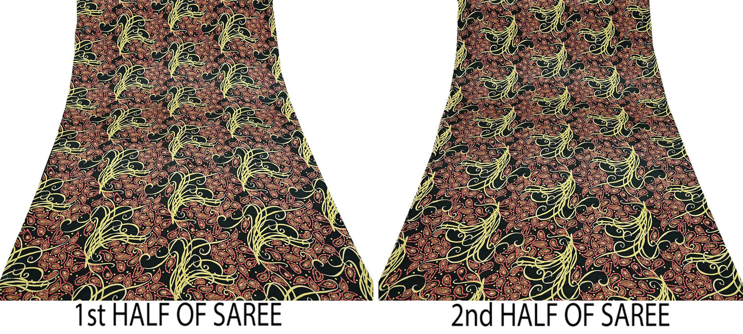 Indian Vintage Saree Black Satin Printed Sari 6yd Sewing Floral Soft Craft Fabric Dressmaking For Crafting Quilting Upcycle