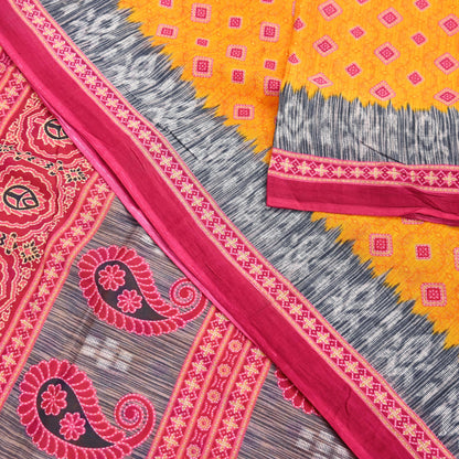 Indian Vintage Sari Pink & Saffron Printed 100% Pure Cotton Sarees Craft Fabric 5Yd Soft Sewing Sarong Wrap Floral Boho Quilting Crafting