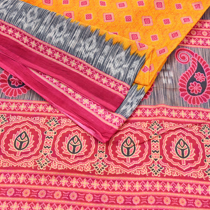 Indian Vintage Sari Pink & Saffron Printed 100% Pure Cotton Sarees Craft Fabric 5Yd Soft Sewing Sarong Wrap Floral Boho Quilting Crafting