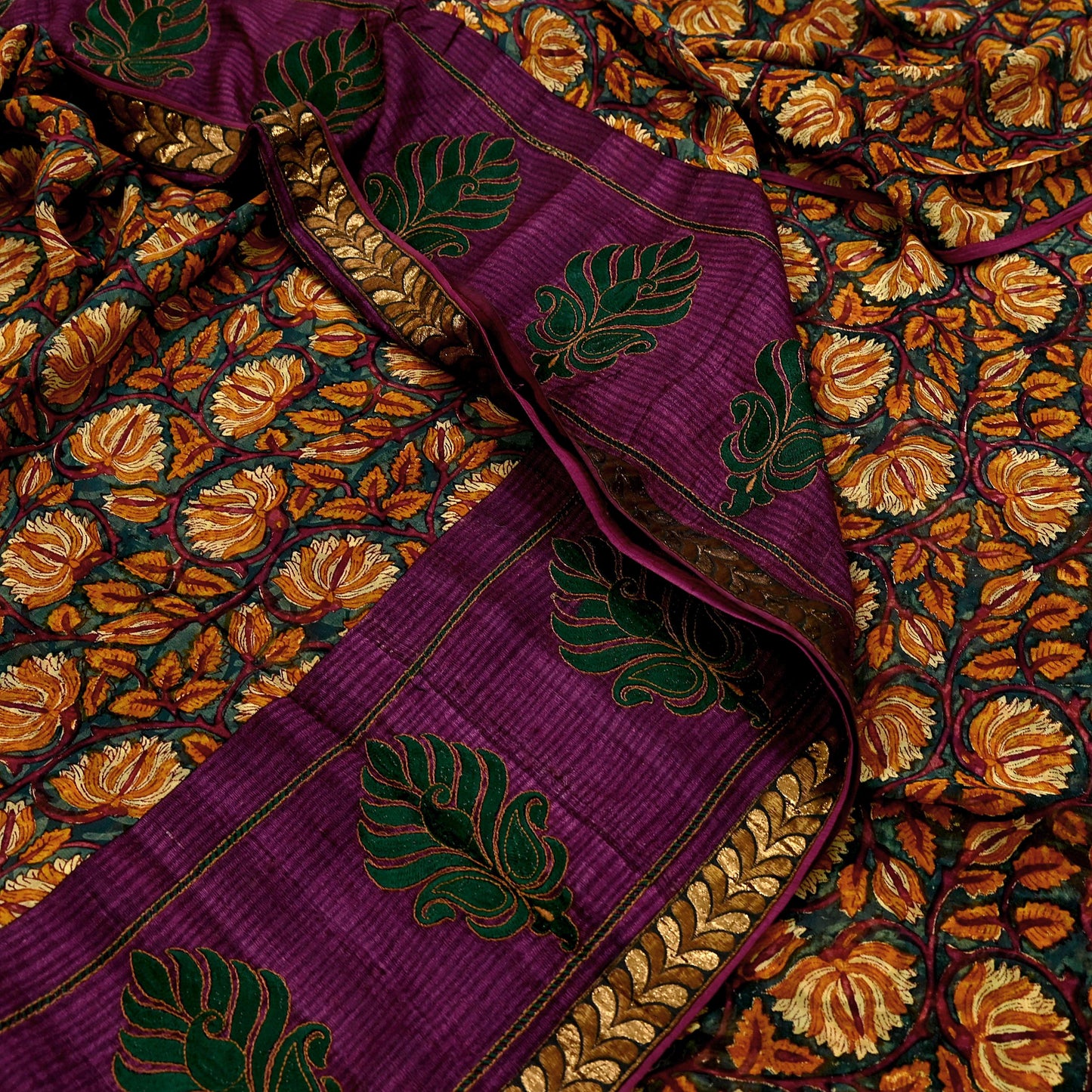 Indian Vintage Sari Green Hand Embroidered Printed Pure Georgette Silk Sari Saree Fabric 6Yd Zari Dressmaking Crafting Upcycle