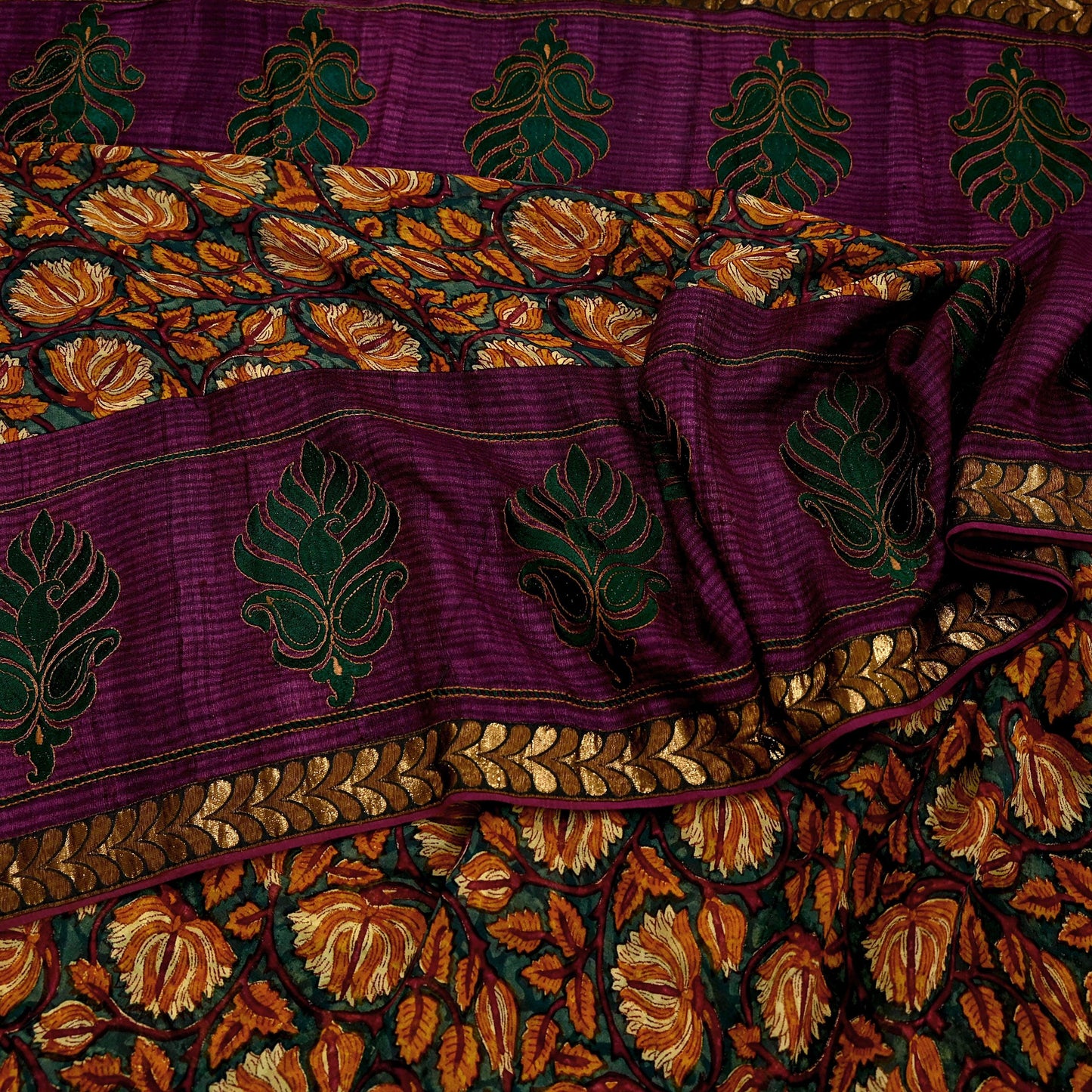 Indian Vintage Sari Green Hand Embroidered Printed Pure Georgette Silk Sari Saree Fabric 6Yd Zari Dressmaking Crafting Upcycle