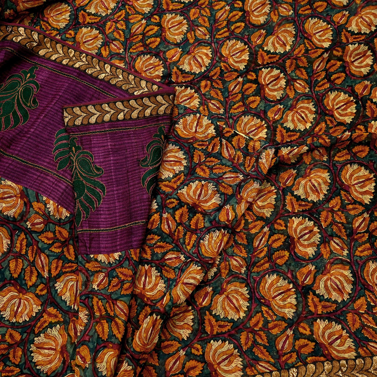 Indian Vintage Sari Green Hand Embroidered Printed Pure Georgette Silk Sari Saree Fabric 6Yd Zari Dressmaking Crafting Upcycle