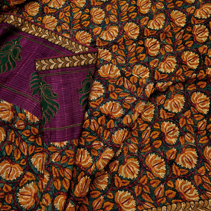 Indian Vintage Sari Green Hand Embroidered Printed Pure Georgette Silk Sari Saree Fabric 6Yd Zari Dressmaking Crafting Upcycle