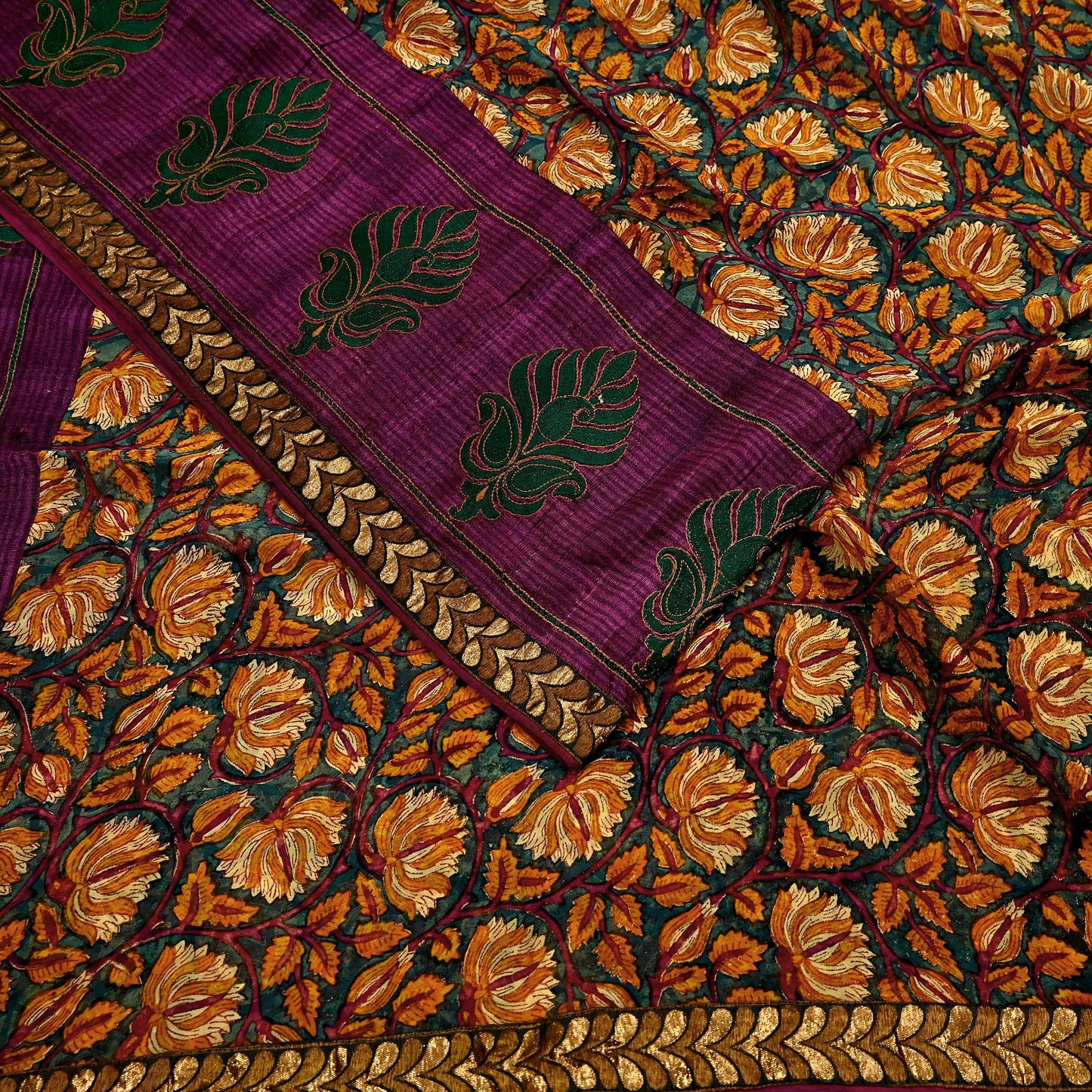 Indian Vintage Sari Green Hand Embroidered Printed Pure Georgette Silk Sari Saree Fabric 6Yd Zari Dressmaking Crafting Upcycle