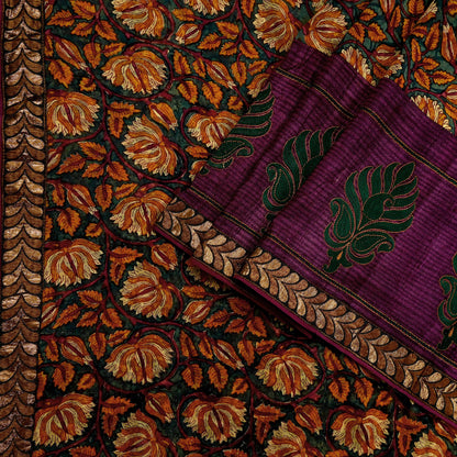 Indian Vintage Sari Green Hand Embroidered Printed Pure Georgette Silk Sari Saree Fabric 6Yd Zari Dressmaking Crafting Upcycle