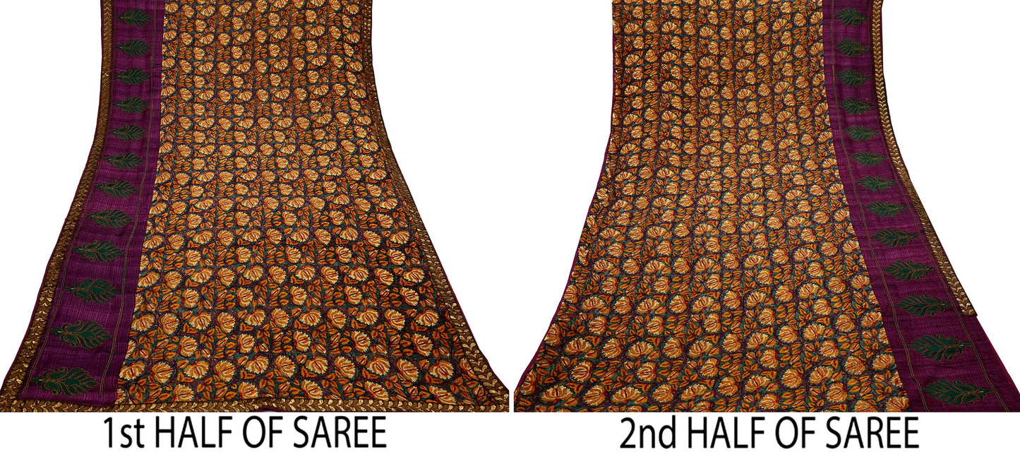 Indian Vintage Sari Green Hand Embroidered Printed Pure Georgette Silk Sari Saree Fabric 6Yd Zari Dressmaking Crafting Upcycle