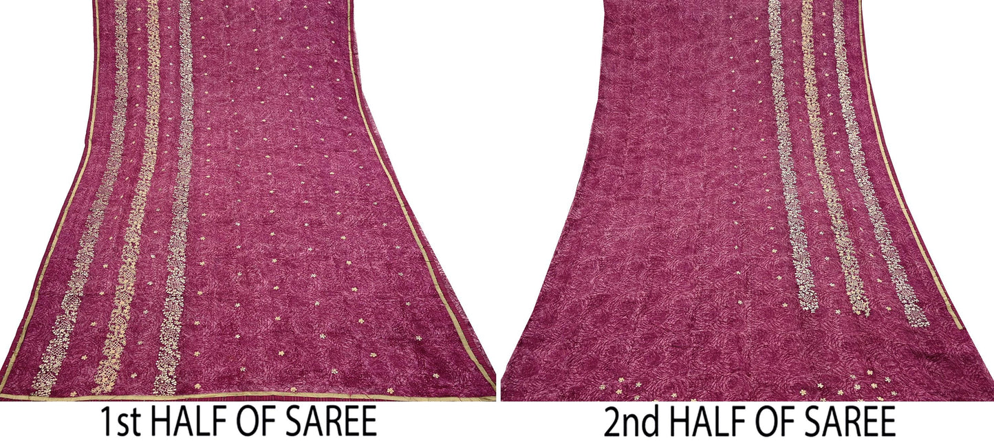 Indian Vintage Sari Hand Embroidered Pure Georgette Silk Sarees Craft Fabric 6Yd Sequins Wedding Sarees Quilting Crafting Upcycle