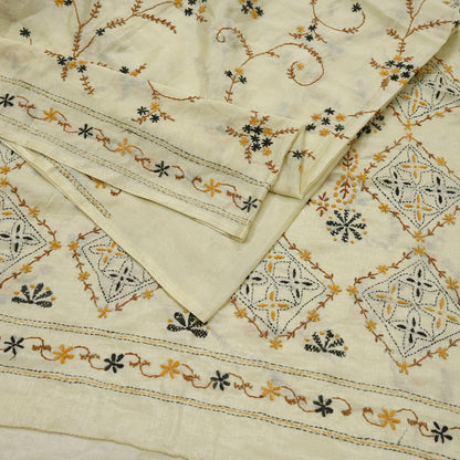 Indian Vintage Sari Ivory Artificial Silk Hand Embroidered Kantha Sarees Craft Fabric 5yd Sewing Soft Dress Making Crafting Upcycle Quilting