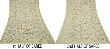 Indian Vintage Sari Ivory Artificial Silk Hand Embroidered Kantha Sarees Craft Fabric 5yd Sewing Soft Dress Making Crafting Upcycle Quilting