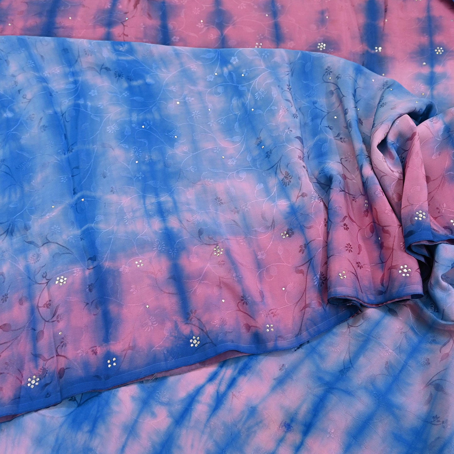 Indian Vintage Pink & Blue Saree Pure Crepe Silk Hand Embroidered Tie-Dye Sari Fabric 5yard Sewing Craft Fabric Ethnic Sequins Dressmaking
