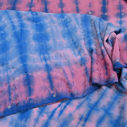 Indian Vintage Pink & Blue Saree Pure Crepe Silk Hand Embroidered Tie-Dye Sari Fabric 5yard Sewing Craft Fabric Ethnic Sequins Dressmaking