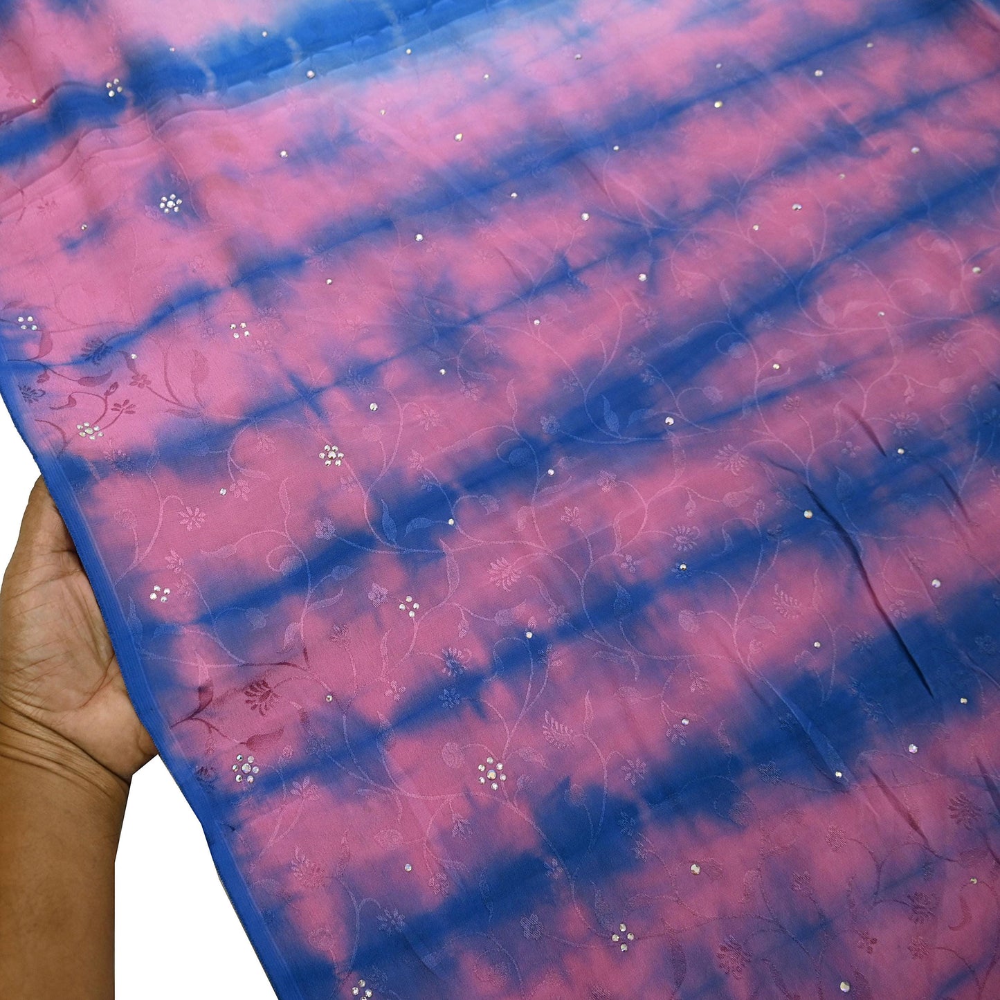 Indian Vintage Pink & Blue Saree Pure Crepe Silk Hand Embroidered Tie-Dye Sari Fabric 5yard Sewing Craft Fabric Ethnic Sequins Dressmaking